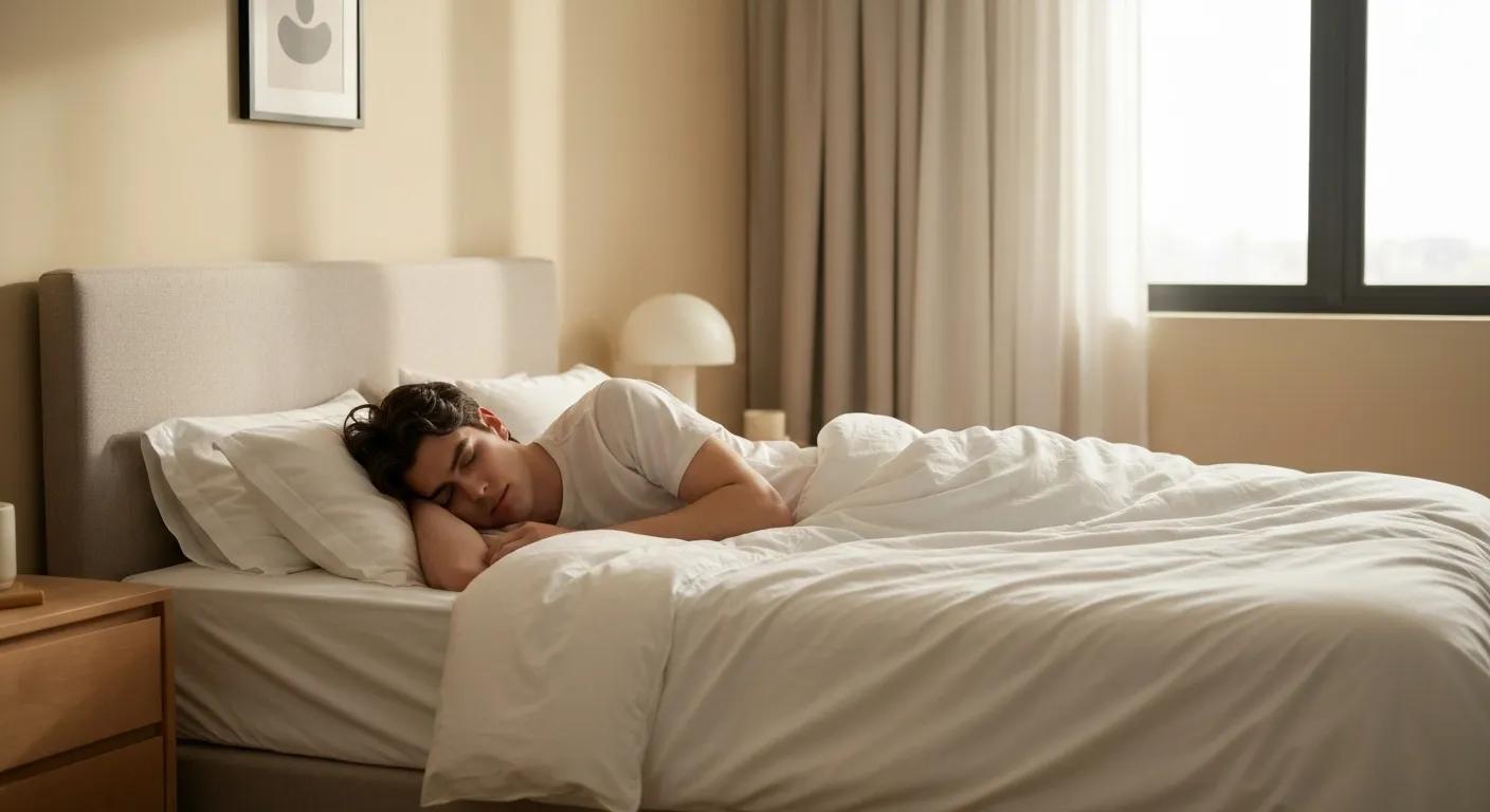 Person sleeping peacefully in a serene bedroom, emphasizing the importance of restorative sleep