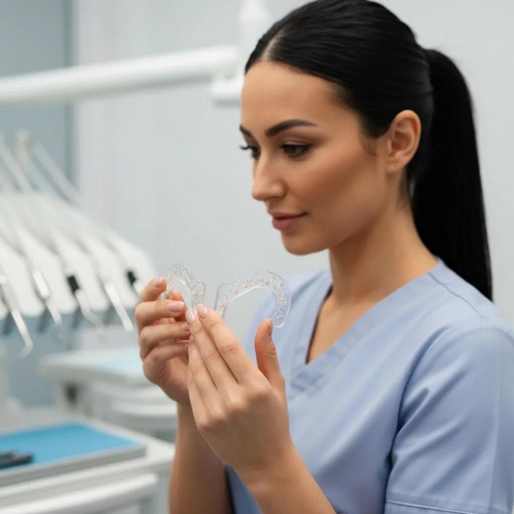 Dental professional holding a custom oral appliance for treating sleep apnea in a clinical setting