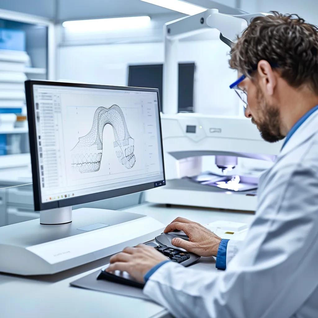 Dental technician operating CAD/CAM machine in a digital dental lab