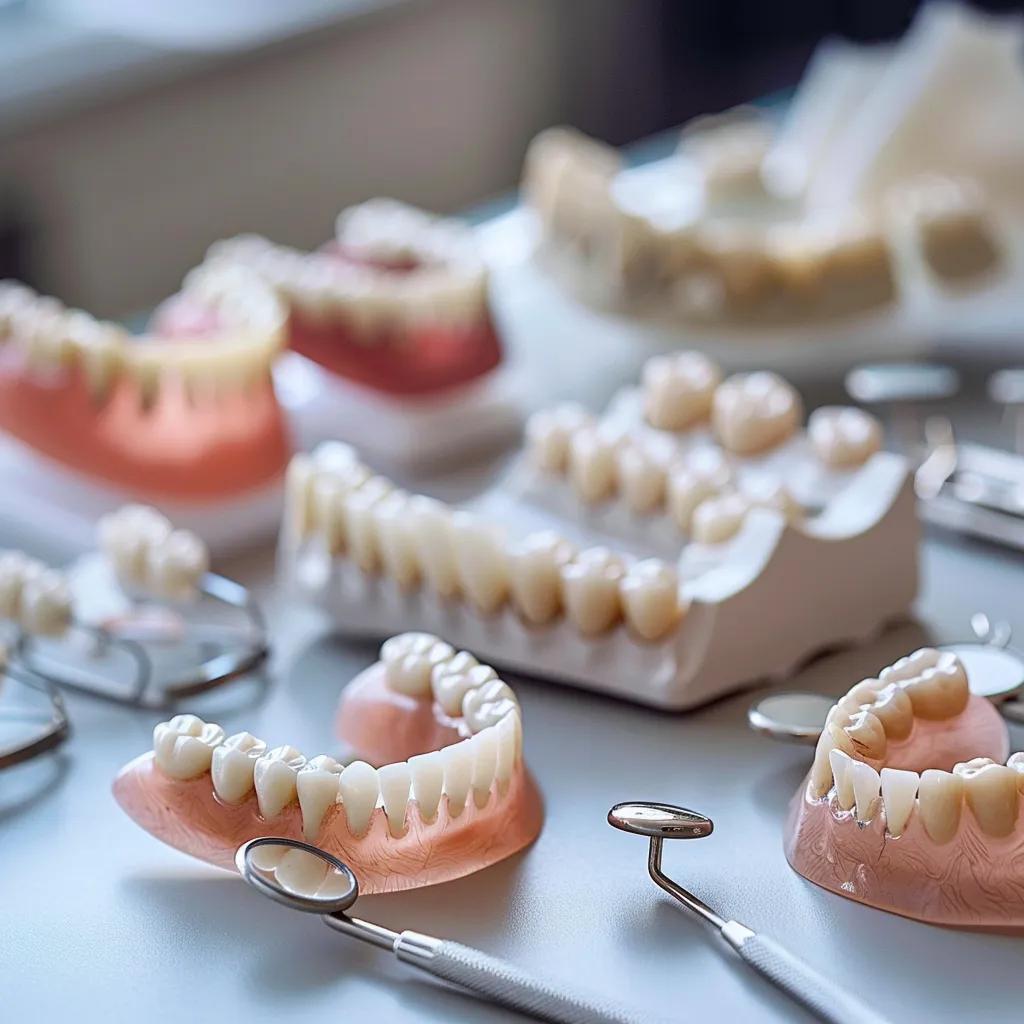 Close-up of high-quality removable dental prosthetics on a professional surface