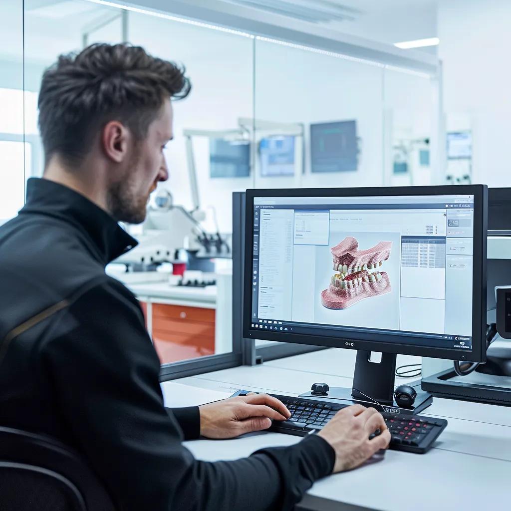 Technician using CAD software in a dental lab, showcasing digital workflow and 3D printed dentures
