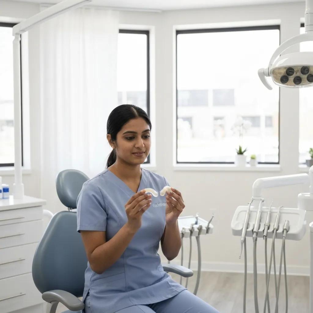 Dental professional showcasing a custom oral appliance for sleep apnea treatment in a dental office