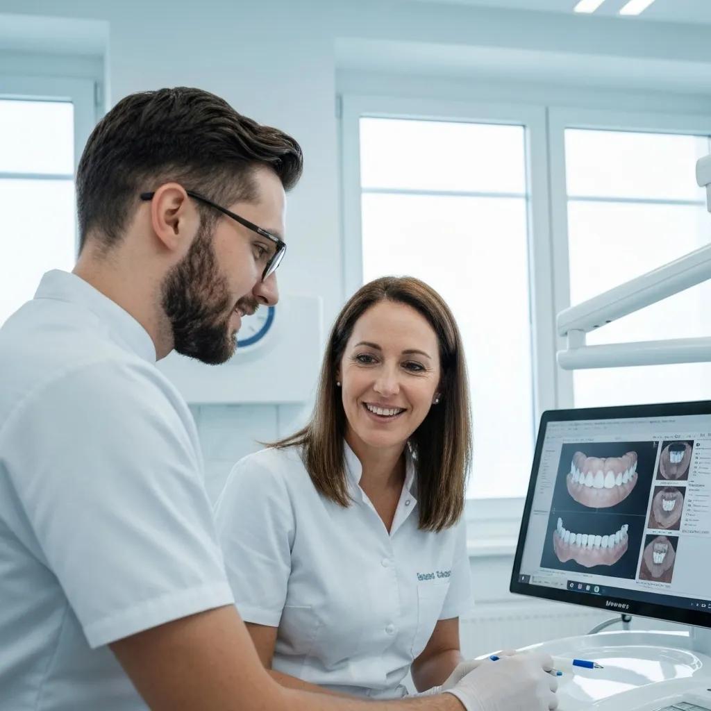 A dental technician and a dentist collaborating closely over a digital display in a contemporary dental practice setting