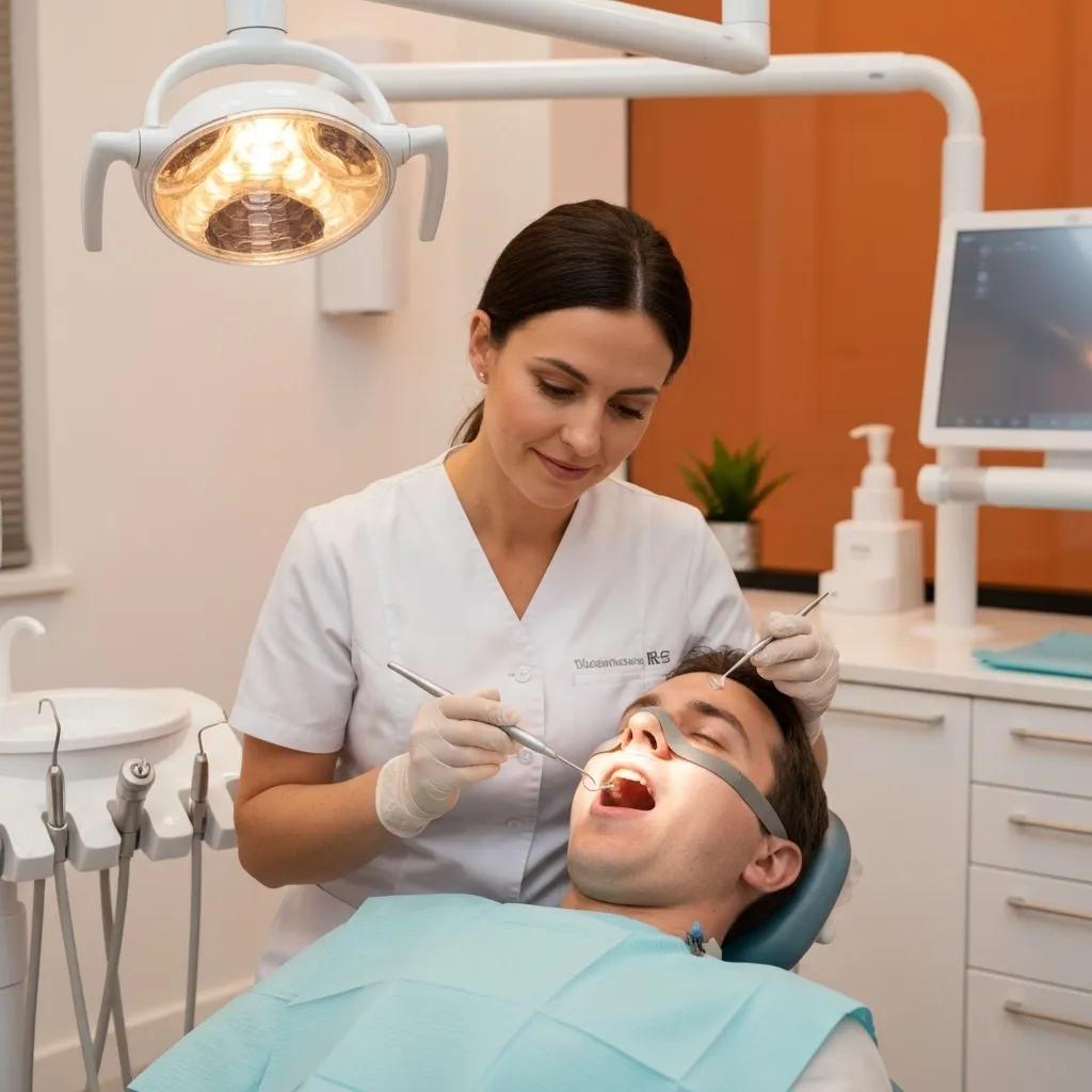 Dentist examining a patient for signs of social sleep apnea in a professional dental setting