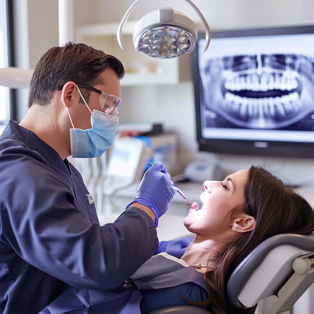 Dental professional discussing dental implants and sleep apnea solutions with a patient in a modern clinic