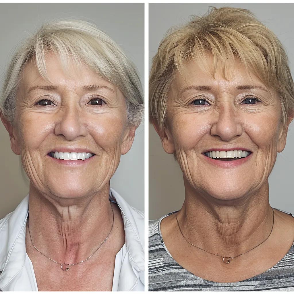Before-and-after transformation of a patient's smile with esthetic dentures, highlighting confidence and natural appearance