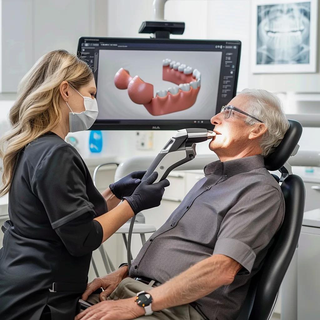 Dentist using an intraoral scanner on a patient in a modern dental office