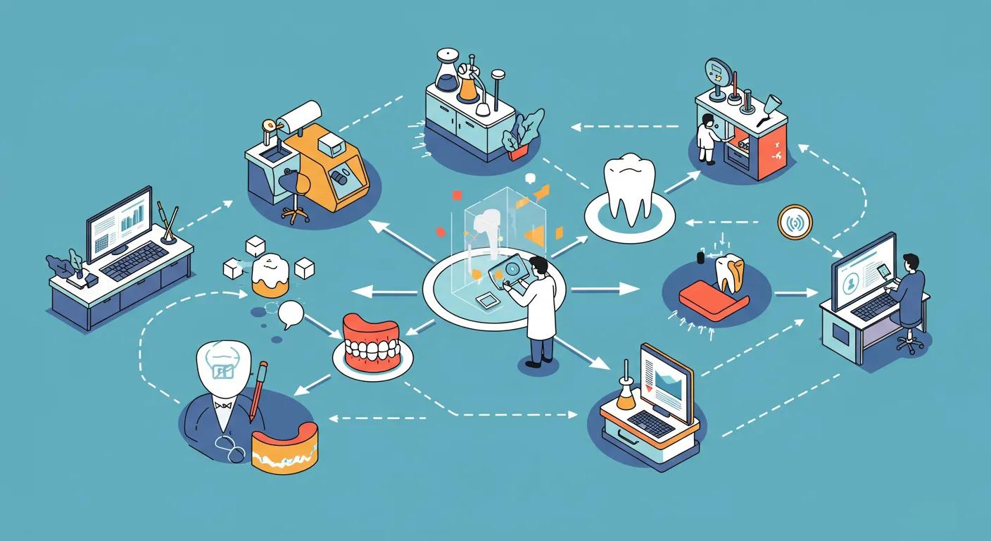Illustration of an agile dental lab network showcasing collaboration and efficiency