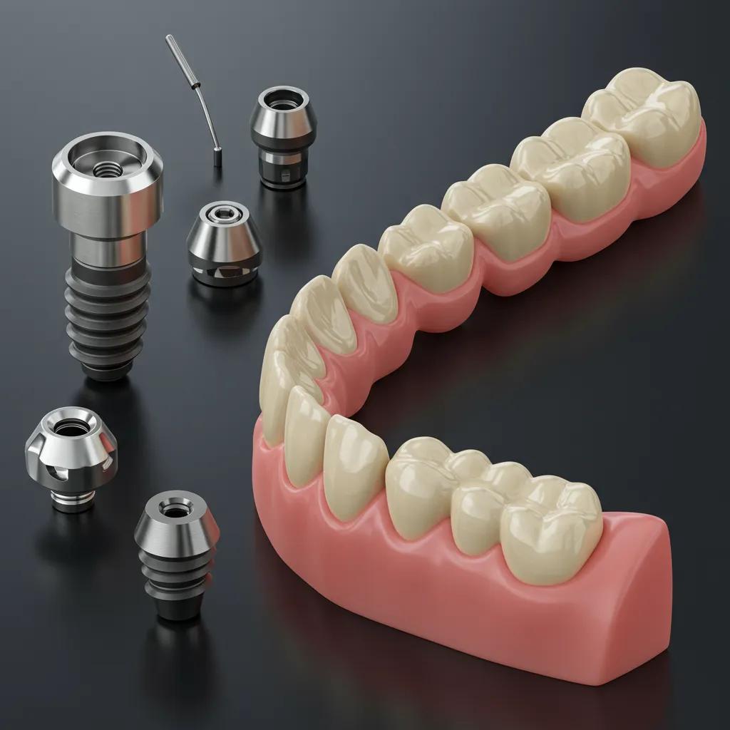 Close-up of dental implant solutions including custom abutments and full-arch prostheses