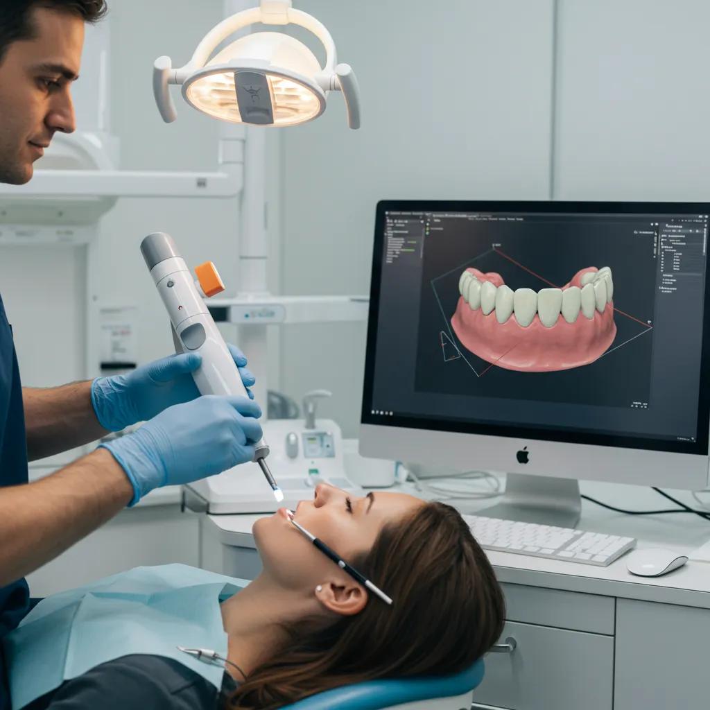 Dental professional using an intraoral scanner with a 3D model on screen