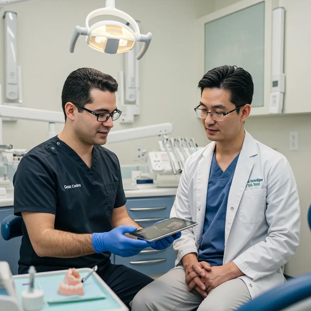 Dental technician consulting with a dentist about lab services in a modern office