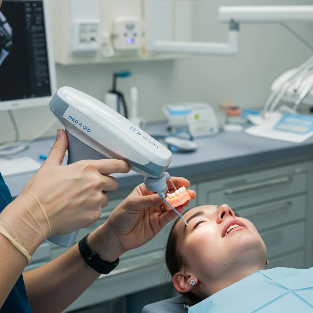 Dental technician using a digital scanner in a modern lab setting