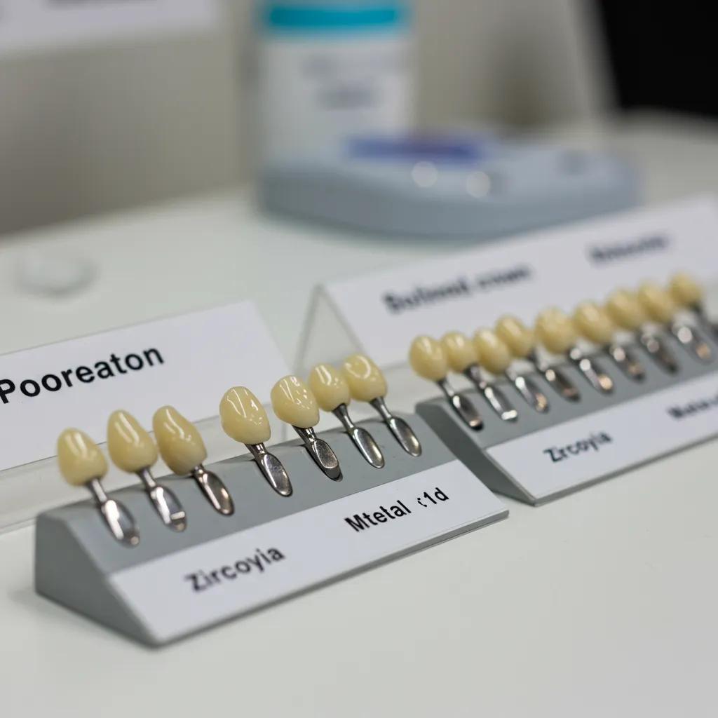Samples of dental crown materials: porcelain, zirconia, and metal crowns on a clean surface