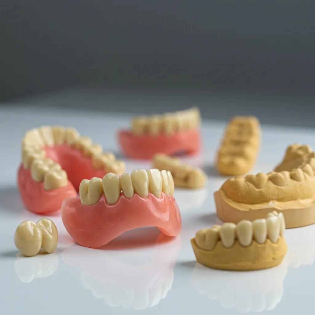 Variety of dental prosthetics including crowns and dentures showcasing quality craftsmanship